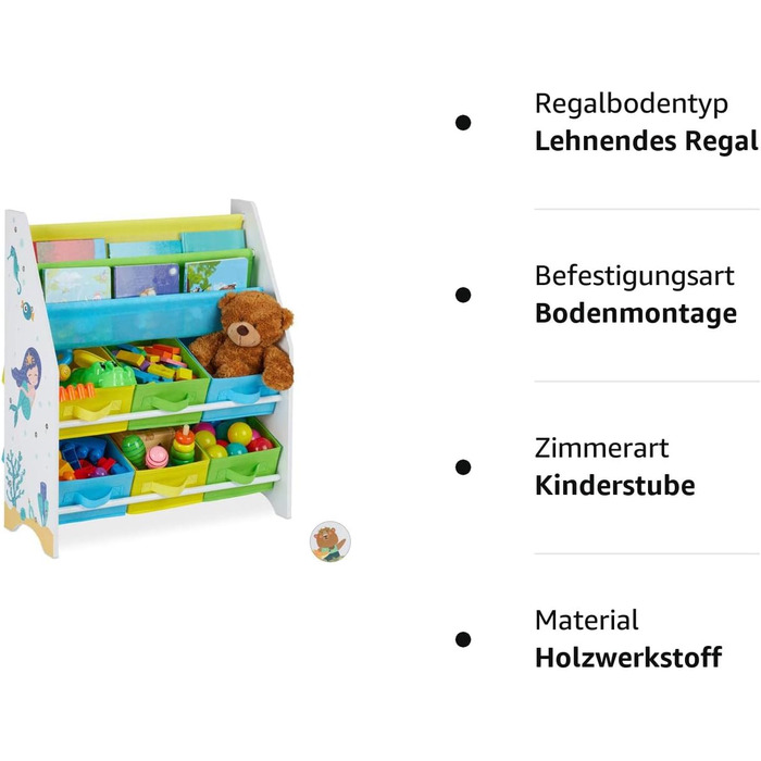 Relaxdays Kinderregal, Tiere Motiv, 6 Boxen, 2 Fächer, Kinderzimmer, Spielzeug Aufbewahrung HBT 74 x 62 x 31,5 cm, bunt, Holzwerkstoff,  1 Stück (Meerjungfrau)