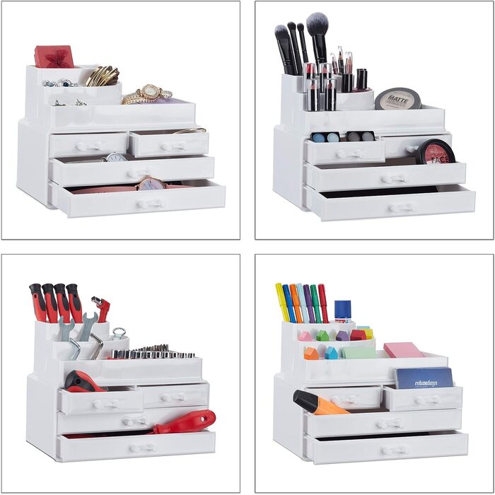 Relaxdays Make Up Organizer mit 4 Schubladen, Kosmetik Halter f. Nagellack u. Lippenstift, Make Up Kit aus Acryl, weiß, 14 x 23.5 x 19 cm