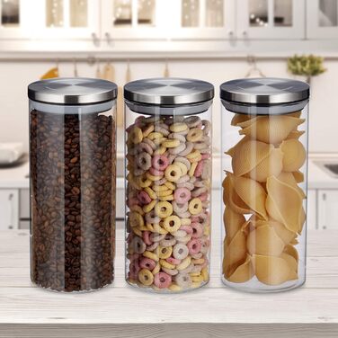 Relaxdays Vorratsglas 3er Set, 1,3 L, luftdicht, Edelstahl Deckel, Küchenbehälter