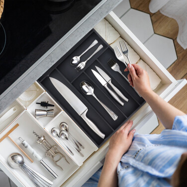 Relaxdays Schwarzer Besteckkasten 6 Fächer