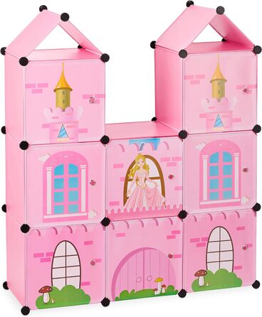 Relaxdays Steckregal Kinderzimmer, Prinzessinnenschloss, Kunststoff, DIY Schrank mit Türen, HBT: 128 x 110 x 37 cm, rosa Single