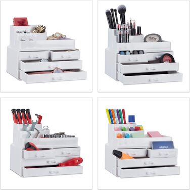 Relaxdays 1 x Make Up Organizer mit 4 Schubladen, Kosmetik Halter Nagellack u. Lippenstift, Acryl Make Up Kit, (Weiß)
