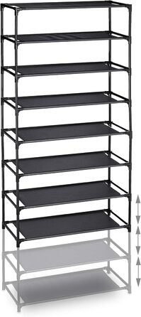 Relaxdays, schwarz Stoff Schuhregal Stecksystem, 10 Ebenen, für 30 Paar Schuhe, Schuhständer hoch HxBxT 150 x 62 x 28 cm, 1 Stück