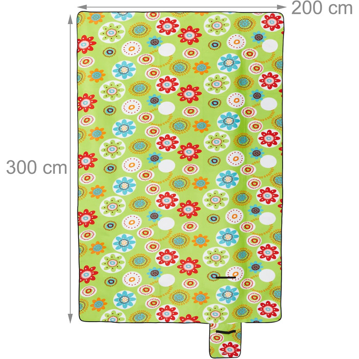 Relaxdays XXL Picknickdecke, 200x300 cm, isoliert, wasserdicht, Blumen, Fleece Stranddecke, weich, mit Tragegriff, bunt 200x300 cm Bunt
