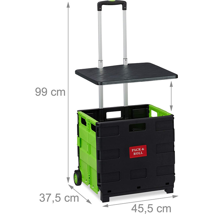 Relaxdays Einkaufstrolley klappbar, bis 35 kg, 50 l Kiste, mit Teleskopgriff, 2 Rollen, Transport Trolley, grün/schwarz