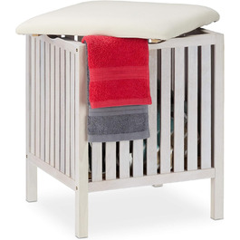 Relaxdays Wäschekorb mit Sitz, Badhocker, Landhausstil, 40 l, Holz & Stoff, 53x41x41 cm, weiß
