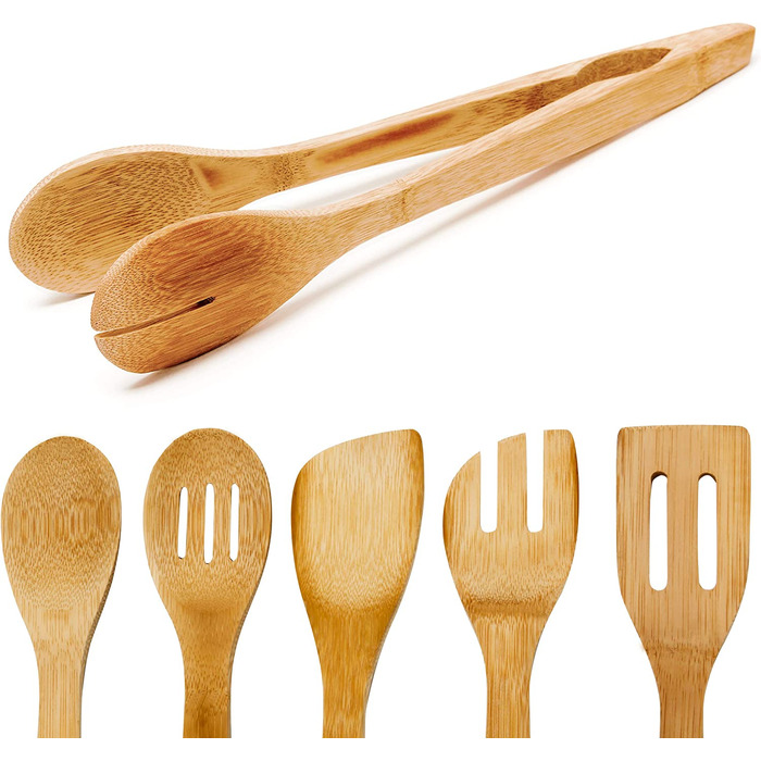 Relaxdays Küchenhelfer Set Bambus 7-tlg. 30cm lang, Kochlöffel, Holzlöffel, Pfannenwender (je 2), Salatzange, Gabel, Halter