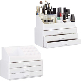 Relaxdays 2 x Make Up Organizer klein, 2-teilige Schminkaufbewahrung mit 3 Schubladen, stapelbares Kosmetikregal, weiß