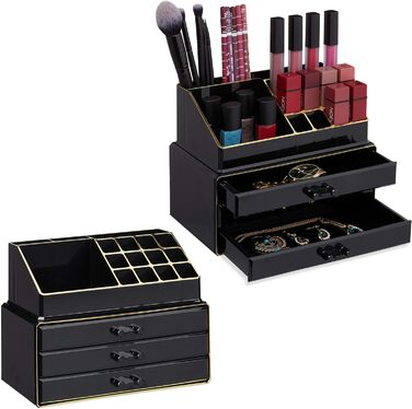 Relaxdays  x Make Up Organizer klein, 2-teilige Schminkaufbewahrung mit 3 Schubladen, stapelbares Kosmetikregal,    9 x 23.5 x 4 cm (1, Schwarz-gold, 2er Pack)