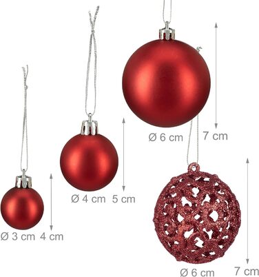 Relaxdays Xmas-Kugeln, 50er Set, glitzernd & matt, Kunststoff, ∅ 3, 4 & 6 cm, rot
