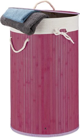 3x faltbare Wäschetonne Bambus mit Deckel, 70L, Wäschesack Baumwolle, rund Ø 4 cm, grau (Lila, Weiß, 3)