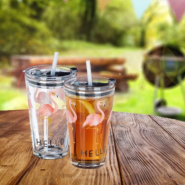Relaxdays Glasbecher mit Deckel & Strohhalm, 4er Set Flamingo Gläser, 450 ml, spülmaschinenfest, Trinkglas, transparent