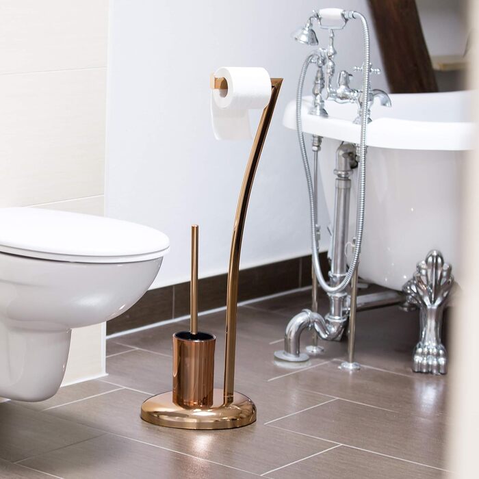 Relaxdays Stand WC Garnitur WIMEDO HBT: 75 x 21 x 26 cm Toilettenbürstenhalter aus Edelstahl mit Kupfer Lackierung Toilettenpapierhalter und Klorollenhalter als freistehende WC Bürstengarnitur, Kupfer