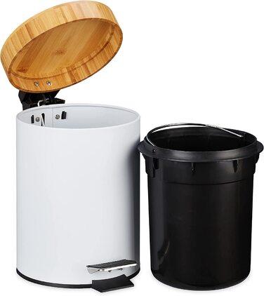 Relaxdays Mülleimer Bad, 3 l, Kosmetikeimer mit Absenkautomatik, Bambusdeckel, entnehmbarer Inneneimer, Treteimer, weiß