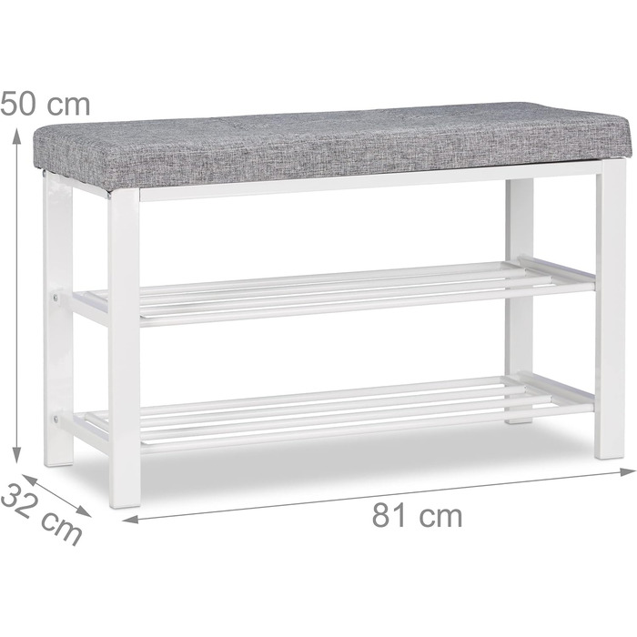 Relaxdays Schuhbank, Sitzpolster, offen, 2 Ebenen, Metall, HBT: 50x81x32cm, grau