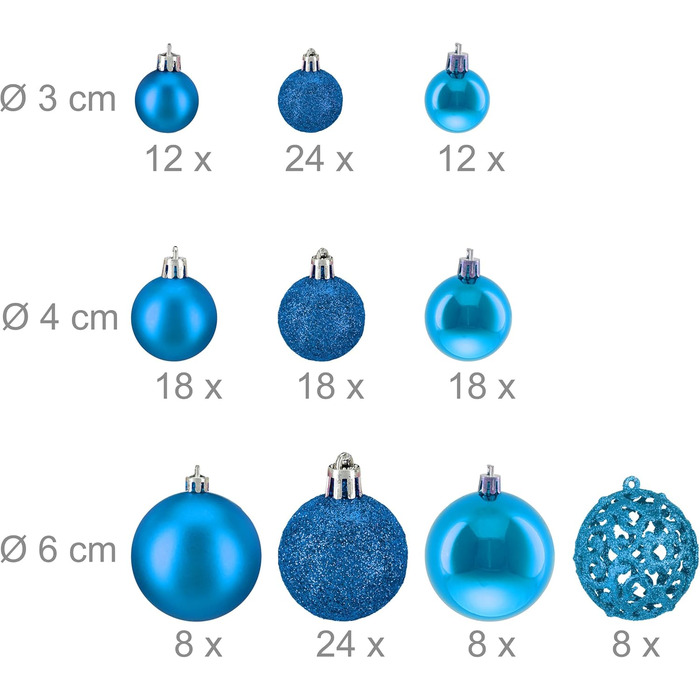 Relaxdays Weihnachtskugeln 150er Set, glitzernd, matt & glänzend, Kunststoff, ∅ 3, 4 & 6 cm, Petrol