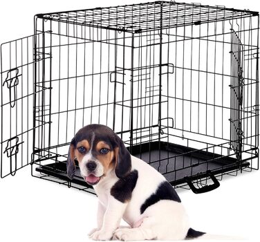 Relaxdays Hundekäfig, Faltbare Hundetransportbox Auto, Welpenkäfig, 2 Türen, Bodenschale, Drahtkäfig Metall, M, Schwarz Schwarz M