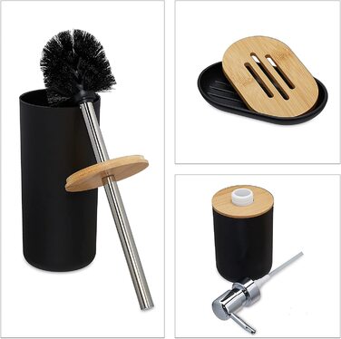 Relaxdays Badezimmer Set, 6-teilig, Badaccessoires Kunststoff, Bambus, komplette Badezimmerausstattung, Badset, (Schwarz)