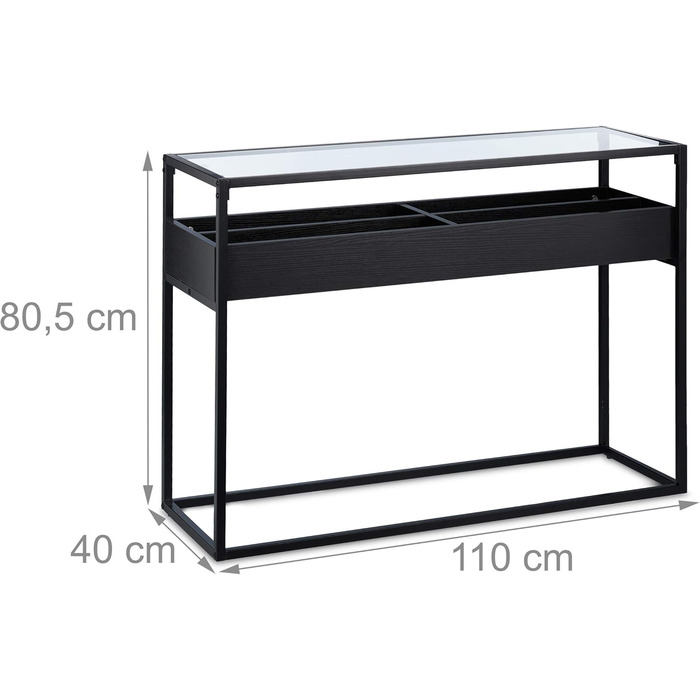 Relaxdays Konsolentisch, Glas Ablage, 4 Fächer, 80,5x110x40 cm, Metall, Flur & Wohnzimmer, schwarz