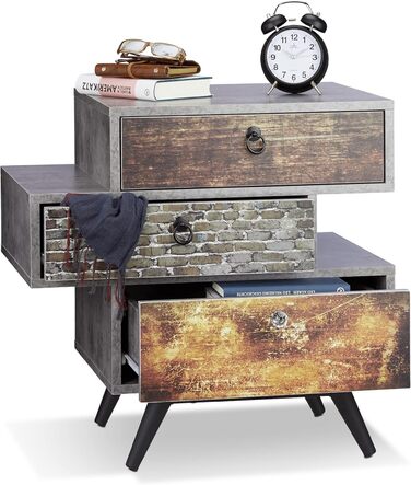 Relaxdays Vintage Kommode, Lowboard Betonoptik, Motiv-Schublade, 68x60x40 cm, grau