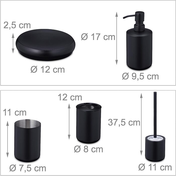 Relaxdays Badezimmer Set, 5-teilig, Badbecher, Zahnbürstenhalter, Seifenspender- & Schale, Klobürste, Edelstahl, schwarz, 10038871
