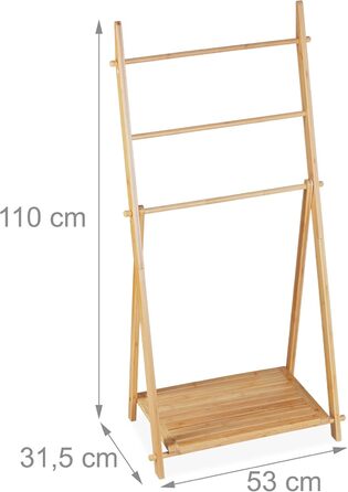 Relaxdays Handtuchleiter Bambus, 3 Stangen, 1 Ablage, klappbar, 110x53x31,5 cm, Standhandtuchhalter, Natur