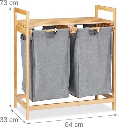 Relaxdays Wäschekorb mit Ablage, 2 Fächer, 2x 30 l Wäschesäcke, Bambus Ausziehwäschekorb HBT 73 x 64 x 33 cm, natur/grau, 1 S