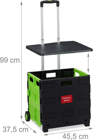 Relaxdays Einkaufstrolley klappbar, bis 35 kg, 50 l Kiste, mit Teleskopgriff, 2 Rollen, Transport Trolley, grün/schwarz