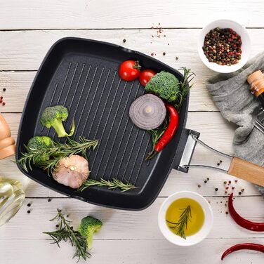 Relaxdays Grillpfanne, abnehmbarer Holzgriff, antihaftbeschichtet, BBQ Bratpfanne mit Rillen, Aluminium, schwarz, 5.5 x 51 x