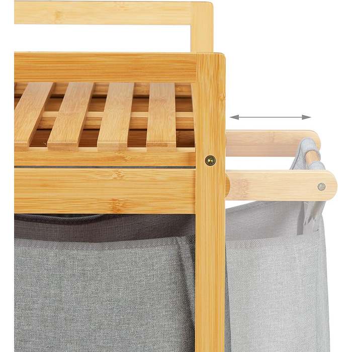 Relaxdays Wäschekorb mit Ablage, 2 Fächer, 2x 30 l Wäschesäcke, Bambus Ausziehwäschekorb HBT 73 x 64 x 33 cm, natur/grau, 1 S