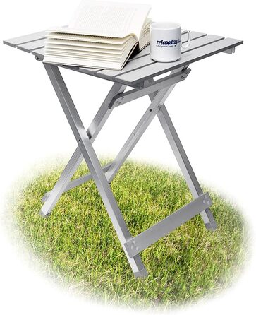 Relaxdays Klapptisch, wetterfest, Beistelltisch HBT: 61 x 49,5 x 47,5 cm für den Garten, robustes Aluminium, silber