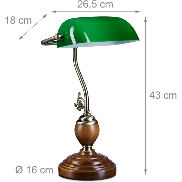 Relaxdays Bankerlampe Holzfuß grün Klassiker Schreibtischlampe – Retro Tischlampe Banker Lampe Messing-Optik & geschwungenen Verzierungen der 30er Jahre – Holz Gals Metall – 26,5 x 43 x 18 cm – E27