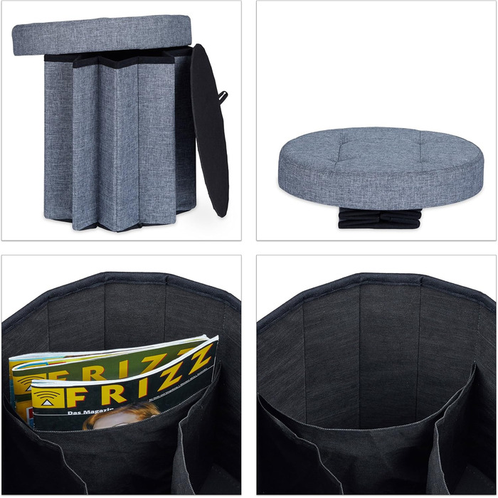 Relaxdays Sitzhocker mit Stauraum, rund, faltbar, 38x38x38 cm, Dunkelgrau
