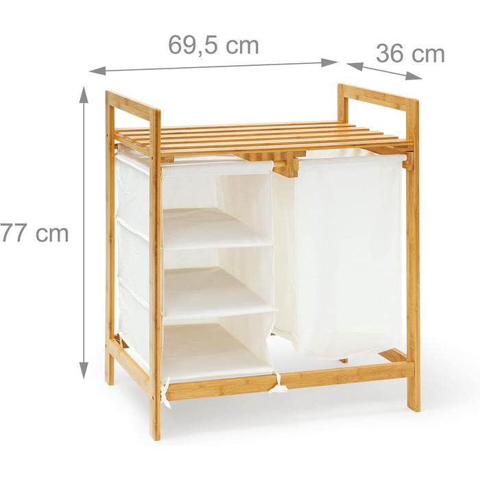 Relaxdays Wäschesammler Linea Bambus HxBxT: ca. 77 x 69,5 x 36 cm Wäschepuff mit 40 Litern Volumen 2 Ablagen und 3 Fächern als Wäschebehälter mit Wäschesack aus weißem Stoff und 2 Griffen, natur Single