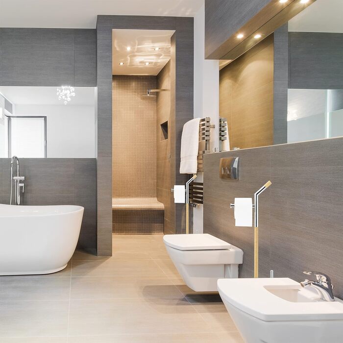 Relaxdays, Toilettenbürste u. Bürstenhalter, Silber-Natur WC Garnitur mit Toilettenpapierhalter, HxBxT 90 x 24 x 20 cm