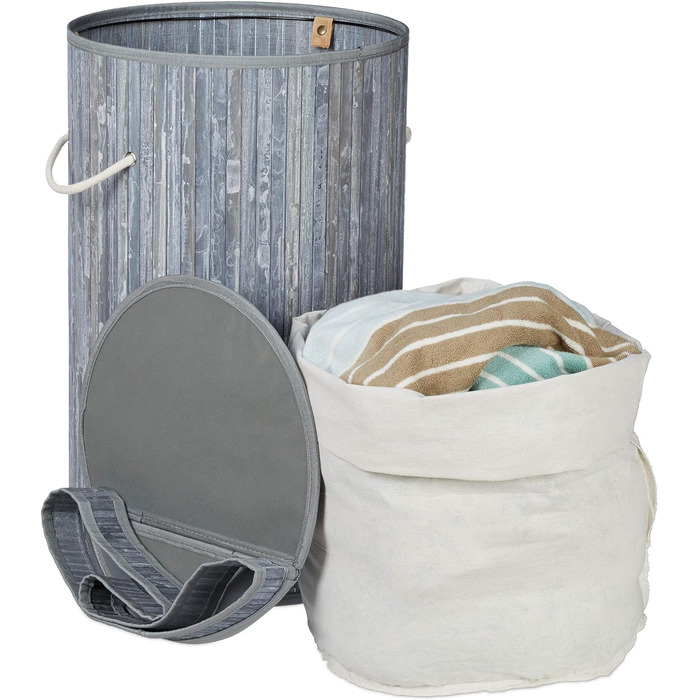 Relaxdays Wäschekorb Bambus, runder Wäschesammler mit Klappdeckel, 65 l, faltbare Wäschetonne, rund Ø 40 cm, (Grau)