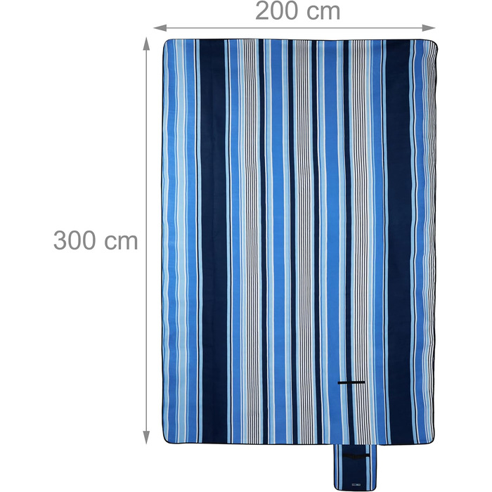 Relaxdays XXL Picknickdecke, 200x300 cm, wasserdichte Unterseite, Tragegriff, Fleece Isolierdecke, gestreift, blau-weiß