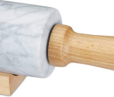 Relaxdays Nudelholz Marmor, Griffe aus Holz, Teigroller zum Kochen & Backen, mit Ablage, 48 cm, schwere Backrolle, weiß