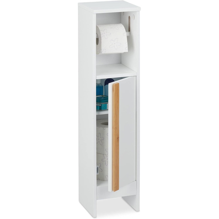 Relaxdays Toilettenpapierhalter stehend, Badezimmeregal HBT 75,5 x 18,5 x 18,5 cm, MDF & Bambus, WC Papier Schrank, weiß
