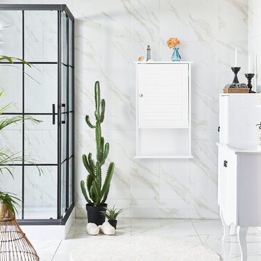 Relaxdays Badschrank, 3 Fächer, Lamellentür, 70x42x16,5 cm, platzsparend, weiß