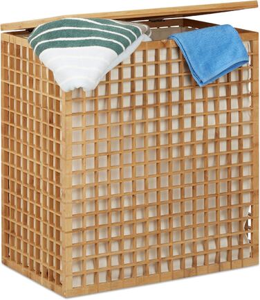 Relaxdays Wäschesammler 2 Fächer, eckige Wäschetruhe mit Wäschesack, Wäschesortierer mit 96 L, HBT: 62x56x35 cm, natur