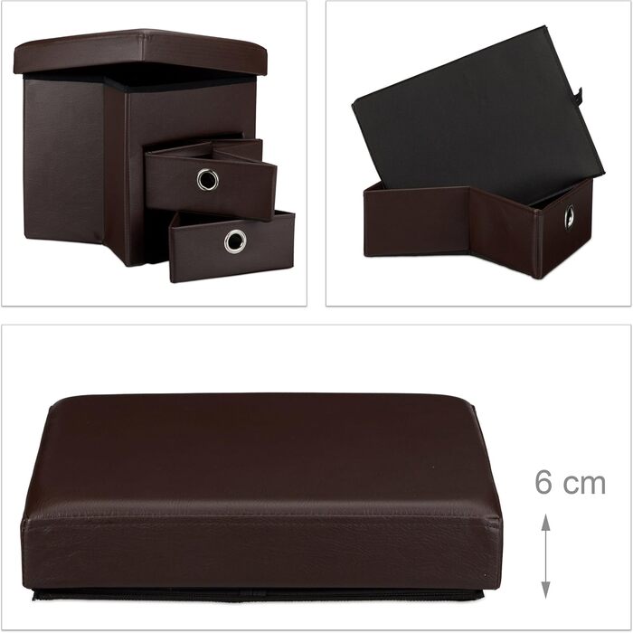 Relaxdays faltbarer Sitzhocker mit Stauraum, Kunstleder, 2 Fächer, Braun, 38x38x38 cm