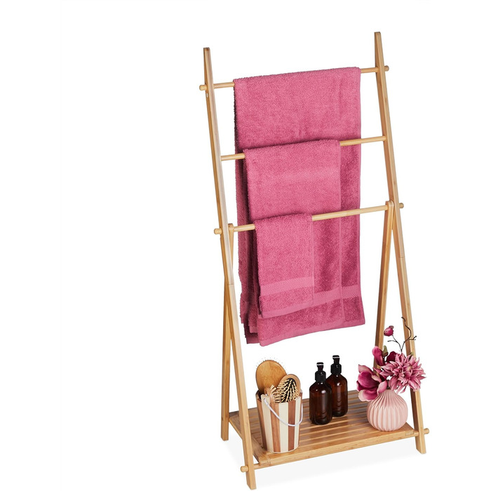 Relaxdays Handtuchleiter Bambus, 3 Stangen, 1 Ablage, klappbar, 110x53x31,5 cm, Standhandtuchhalter, Natur