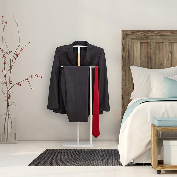 Relaxdays Herrendiener, für Anzug & Hose, Holz Metall Mix, Schlafzimmer, Kleiderbutler, HBT 107 x 48 x 20 cm, weiß/Natur