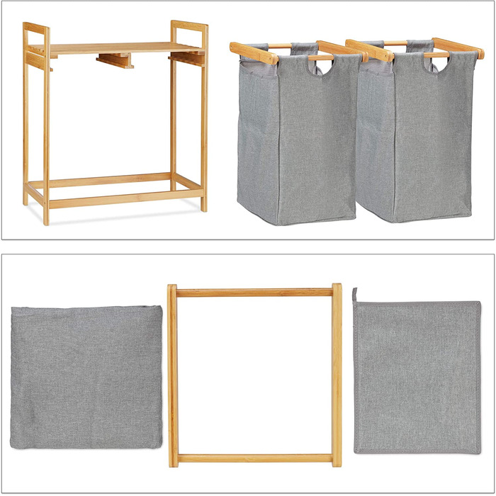 Relaxdays Wäschekorb mit Ablage, 2 Fächer, 2x 30 l Wäschesäcke, Bambus Ausziehwäschekorb HBT 73 x 64 x 33 cm, natur/grau, 1 S