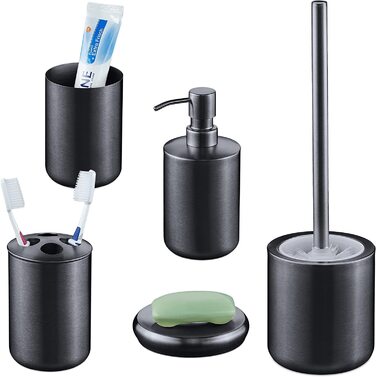 Relaxdays Badezimmer Set, 5-TLG., Badaccessoires Edelstahl gebürstet, komplette Badezimmerausstattung, modern, anthrazit