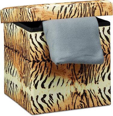 Relaxdays Faltbarer Sitzhocker 38 cm, stabil, trendige Motive, Kunstleder, Stauraum, Deckel, Tiger gelb