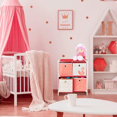 Relaxdays Kinderregal mit 4 Boxen, Spielzeug, Mädchen, Schwan-Design, Regal Kinderzimmer, HBT: 62 x 53 x 30 cm, weiß/rot