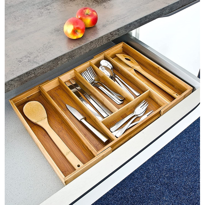 Relaxdays Besteckkasten Bambus, ausziehbarer Besteckeinsatz als Küchenorganizer, Schubladeneinsatz 33,5x29-48x5 cm, natur