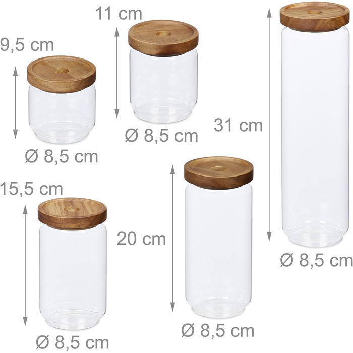 Relaxdays Vorratsdosen, 300-1500 ml, Drehverschluss, Glas/Akazie, braun/transparent, 5er Set